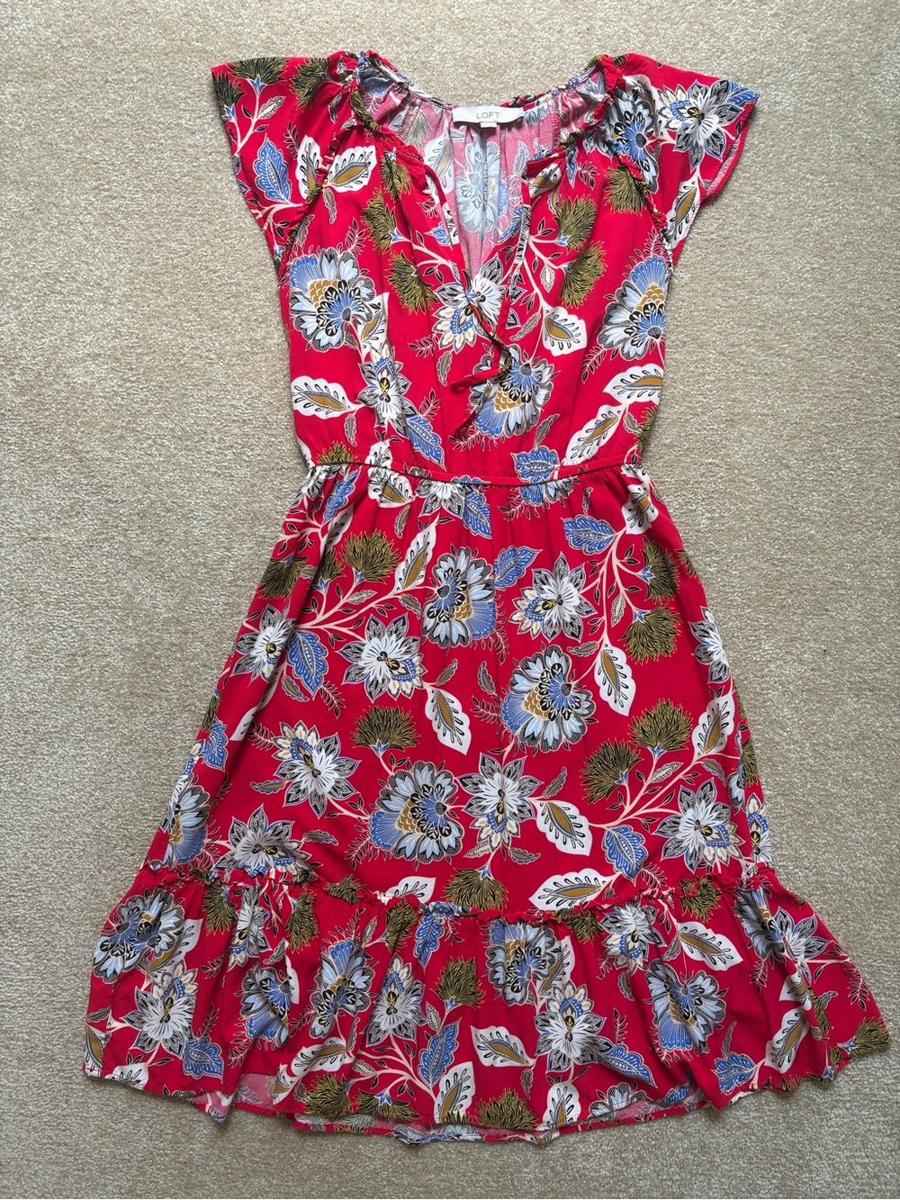 LOFT Red Floral Day Summer Dress 100% Rayon Size XS